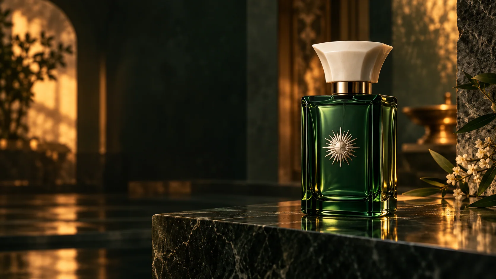بطری عطر سبز در فضای گرم و لوکس